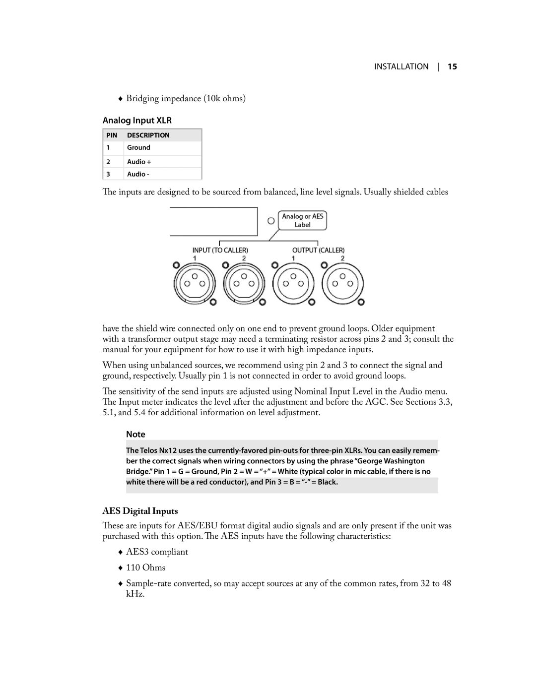 Telos NX12 user manual Analog Input XLR, AES Digital Inputs 