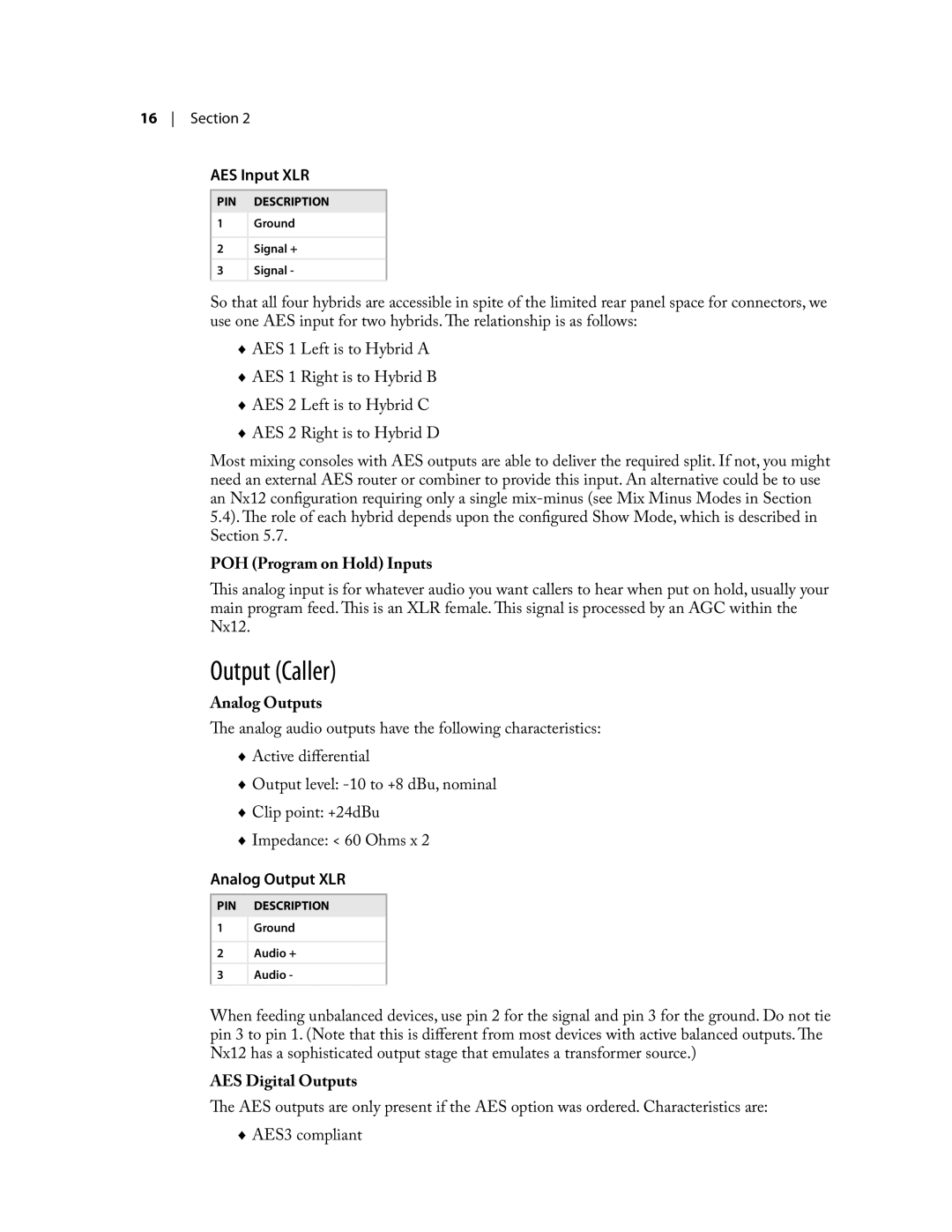 Telos NX12 user manual Output Caller, POH Program on Hold Inputs, Analog Outputs, AES Digital Outputs 