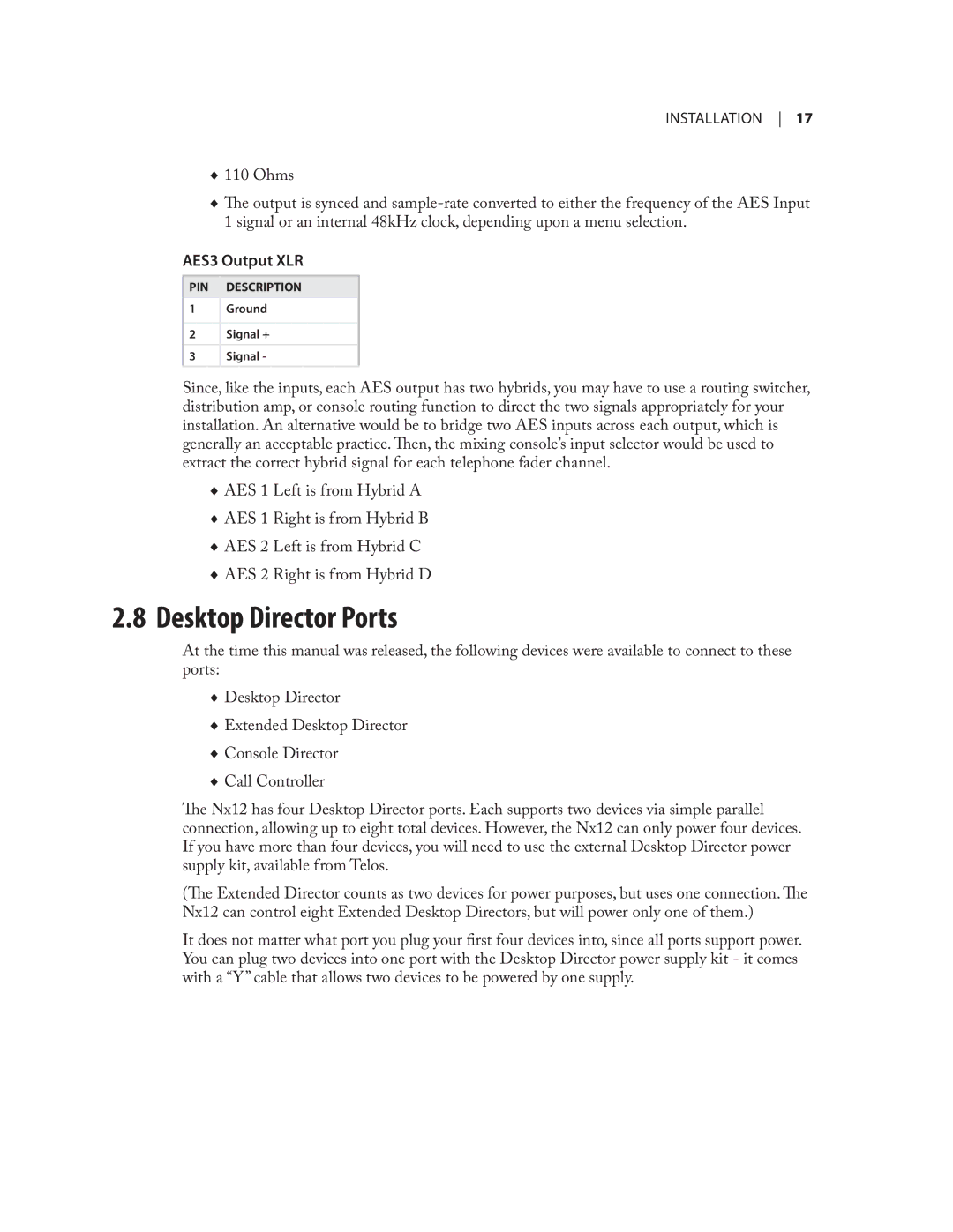 Telos NX12 user manual Desktop Director Ports, AES3 Output XLR 