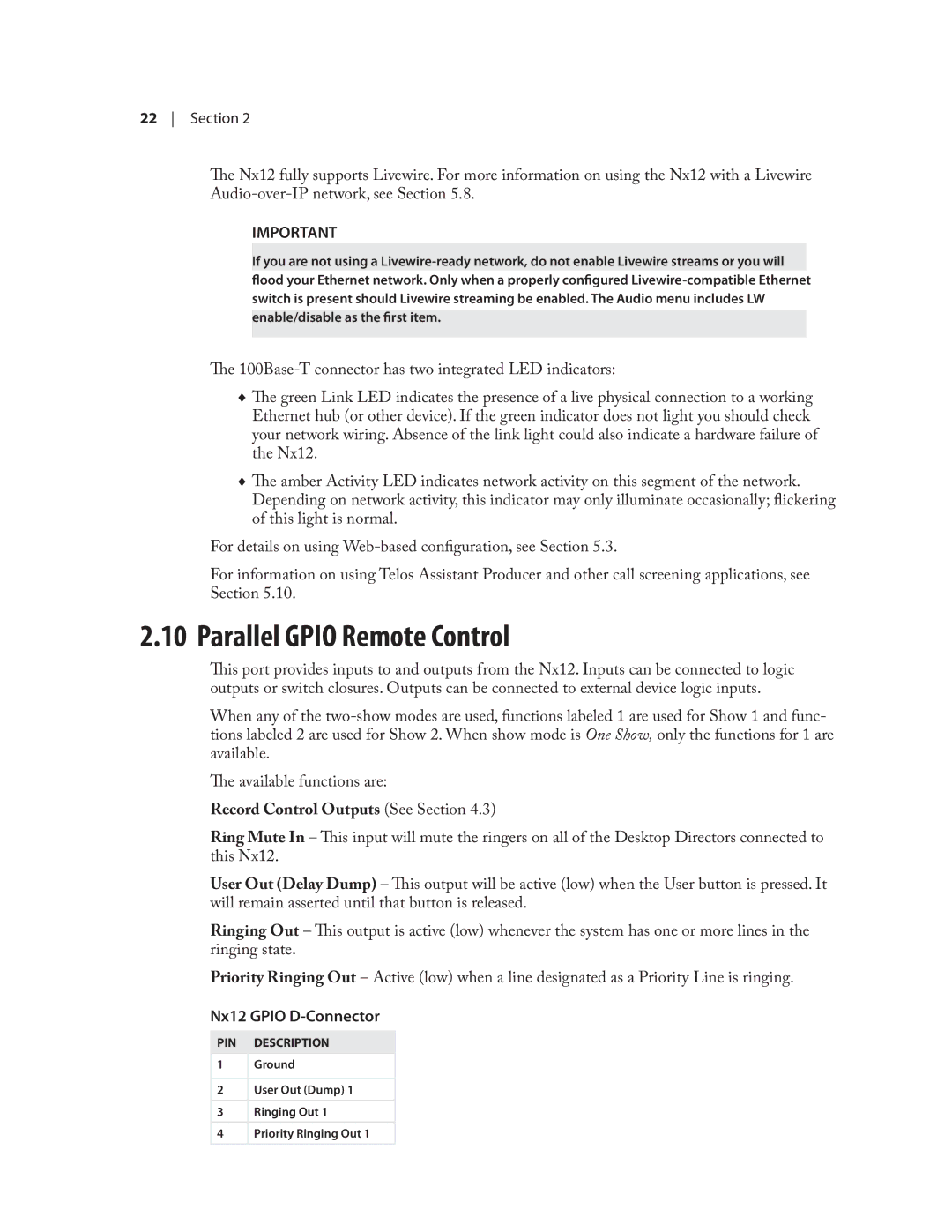 Telos NX12 user manual Parallel Gpio Remote Control, Record Control Outputs See Section 