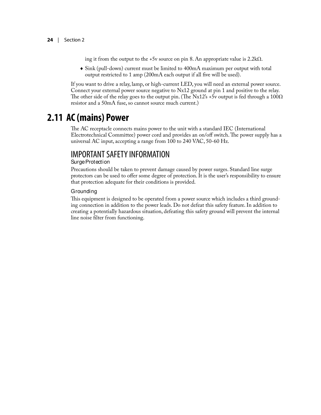 Telos NX12 user manual AC mains Power, Surge Protection, Grounding 