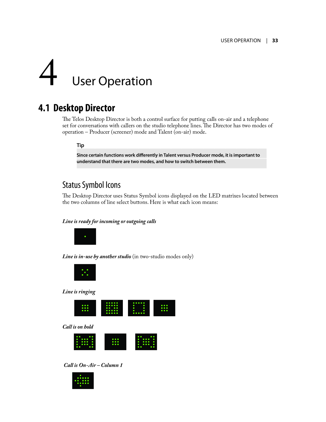 Telos NX12 user manual User Operation, Desktop Director, Status Symbol Icons 