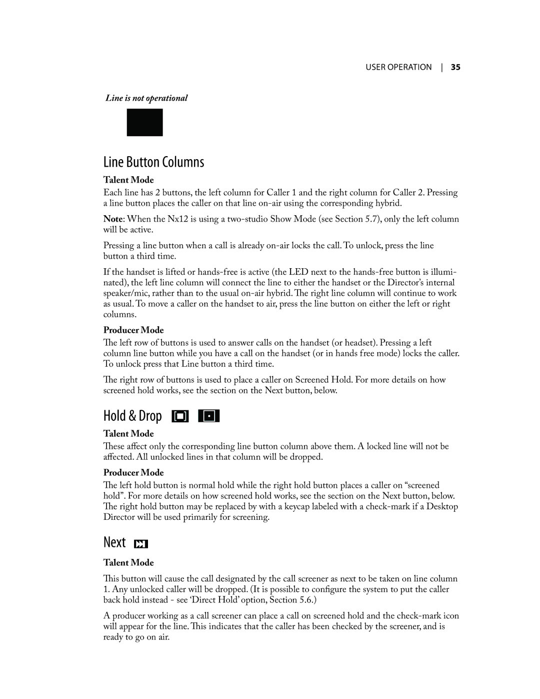 Telos NX12 user manual Line Button Columns, Hold & Drop, Next, Talent Mode, Producer Mode 