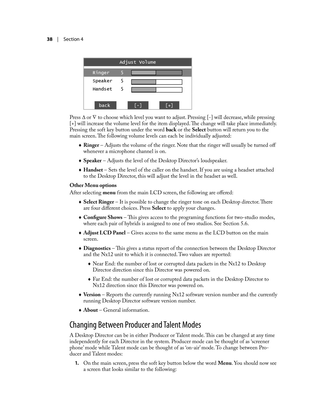 Telos NX12 user manual Changing Between Producer and Talent Modes, Other Menu options 