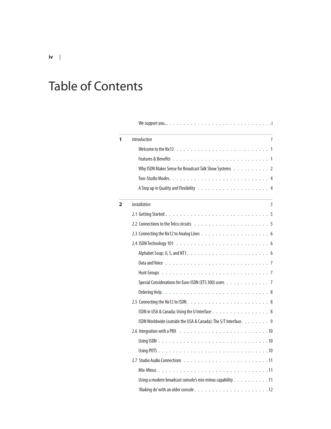 Telos NX12 user manual Table of Contents 