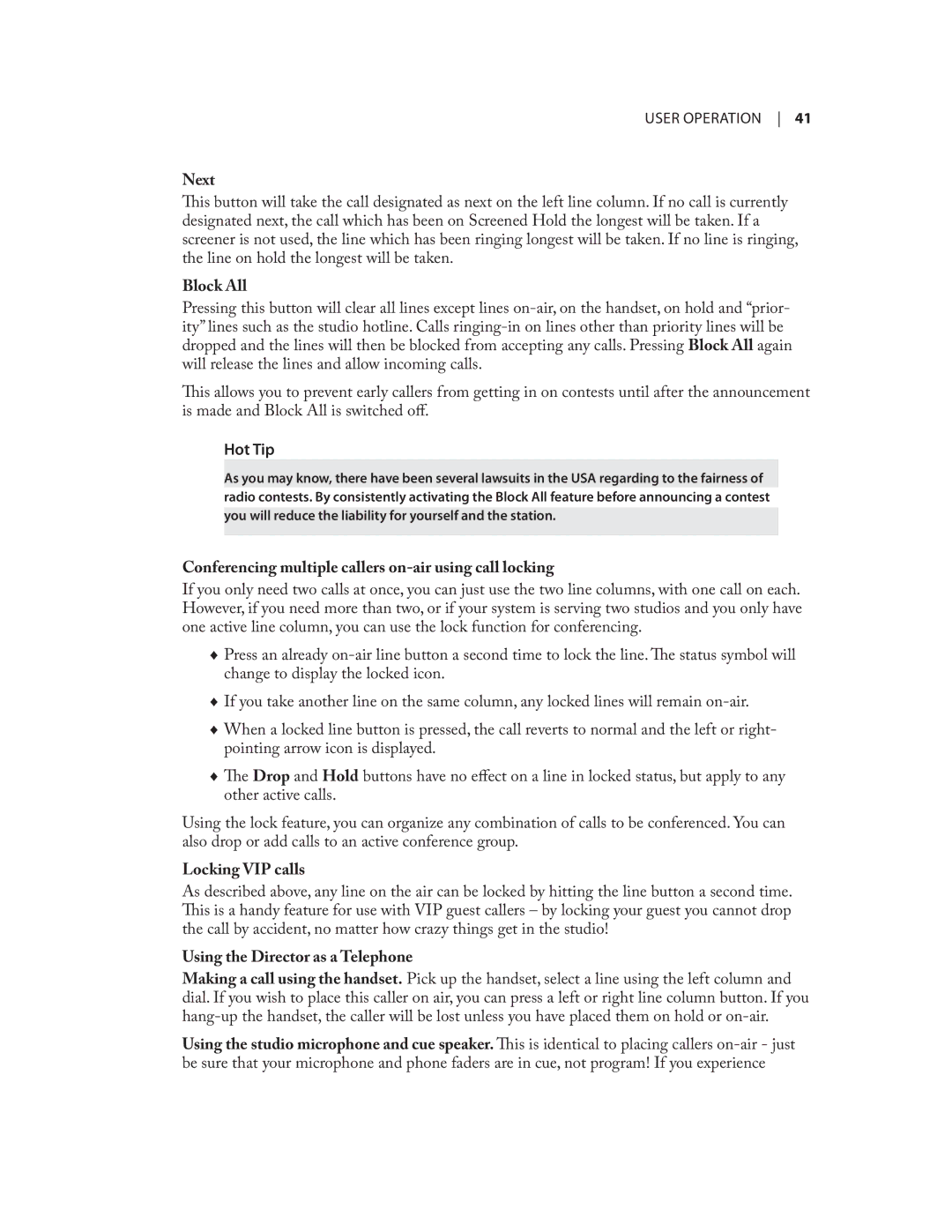 Telos NX12 user manual Next, Conferencing multiple callers on-air using call locking, Locking VIP calls 