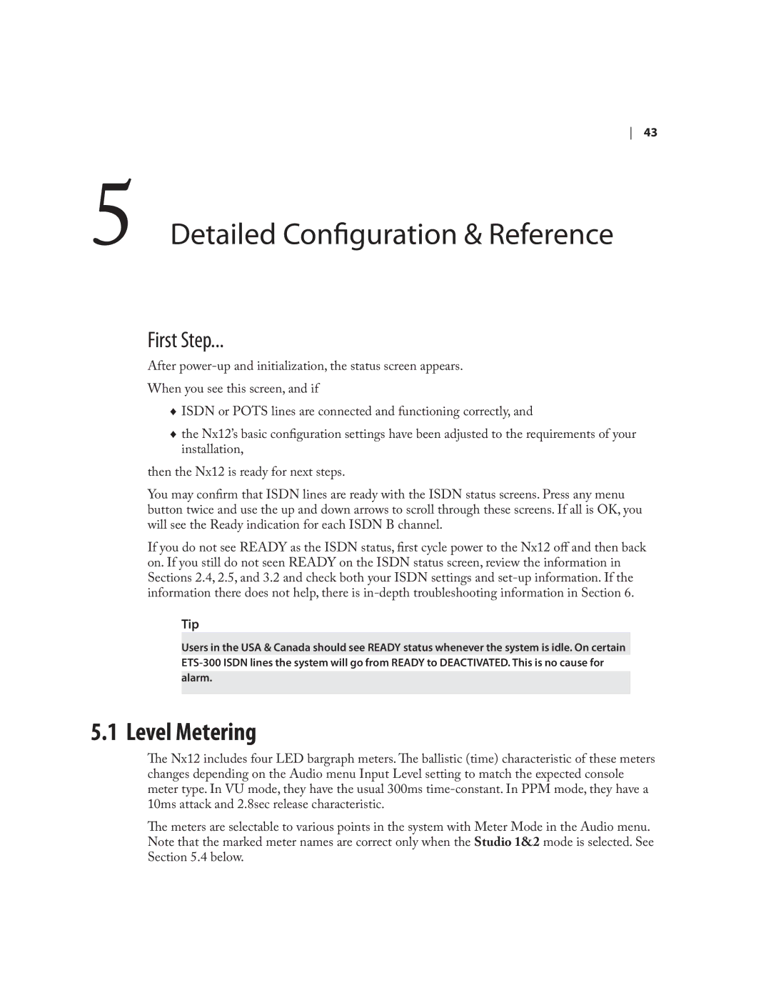 Telos NX12 user manual Detailed Configuration & Reference, Level Metering, First Step 