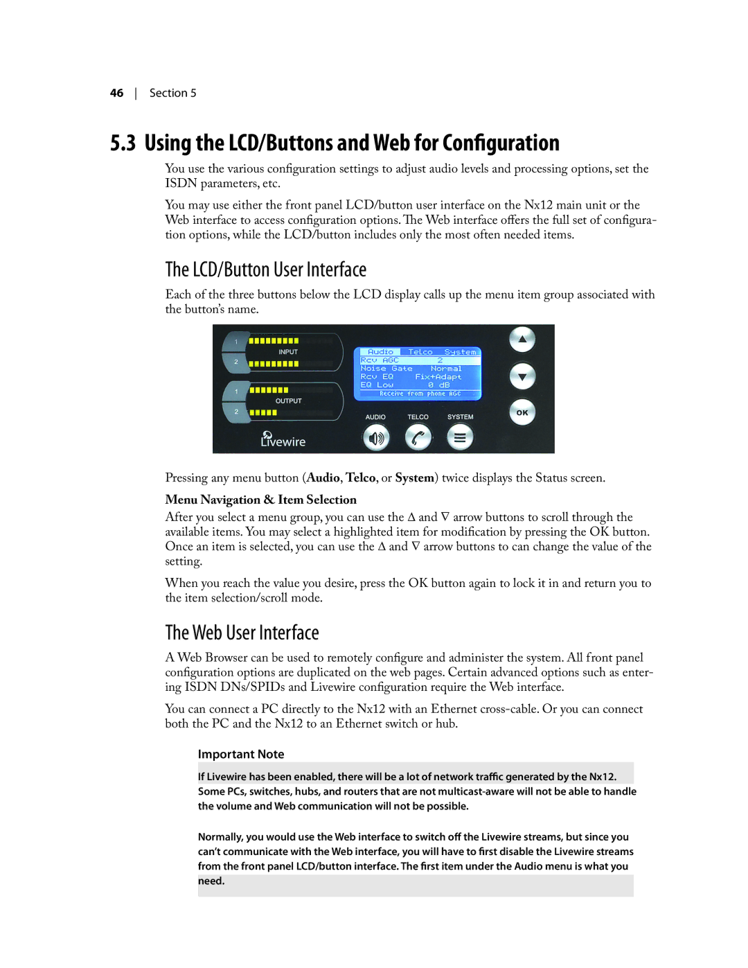 Telos NX12 user manual LCD/Button User Interface, Web User Interface, Menu Navigation & Item Selection 