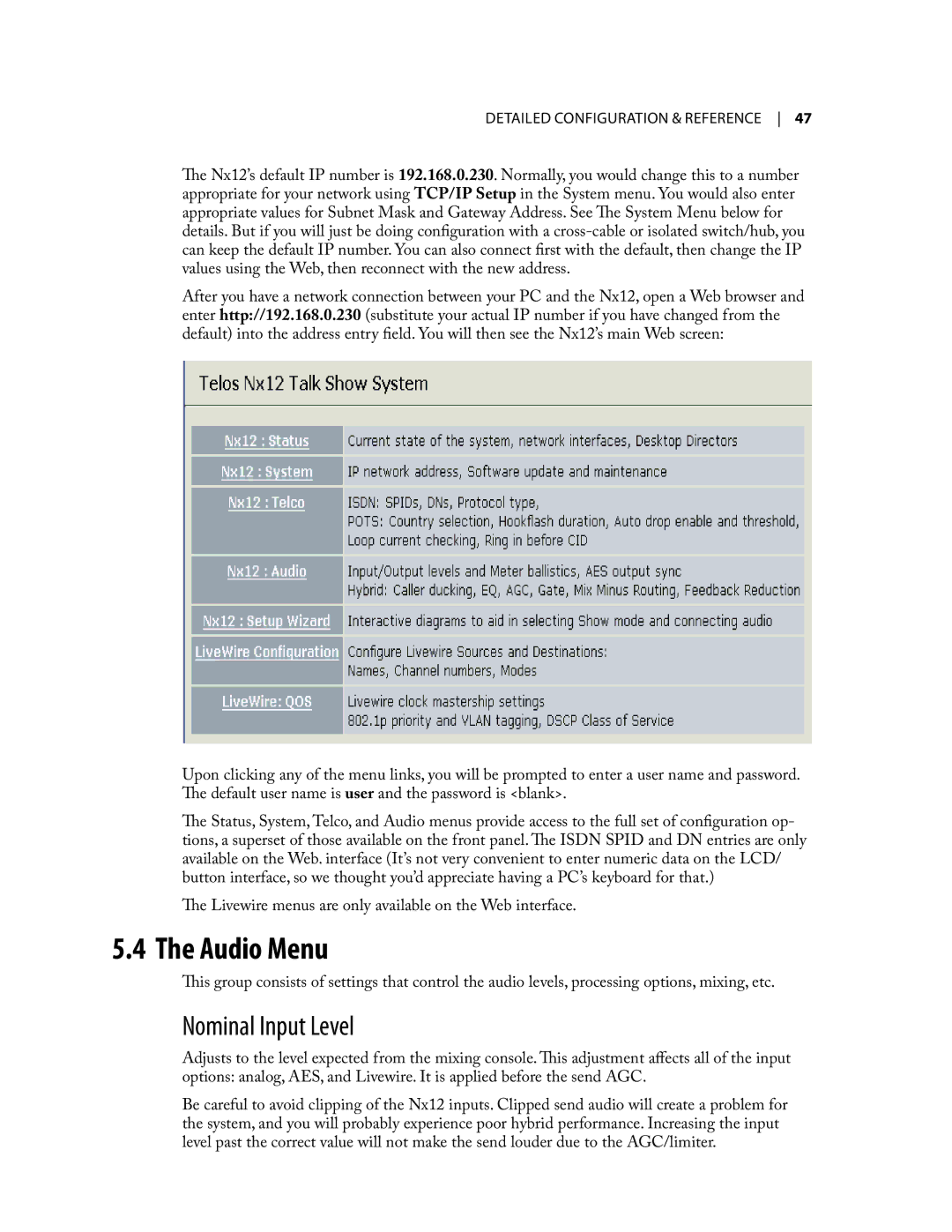 Telos NX12 user manual Audio Menu, Nominal Input Level 