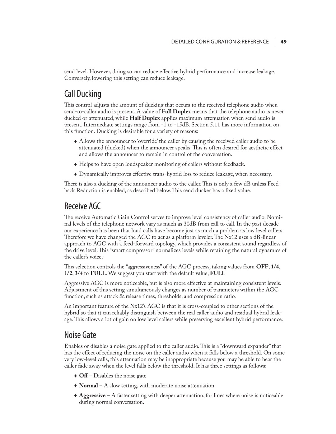 Telos NX12 user manual Call Ducking, Receive AGC, Noise Gate 