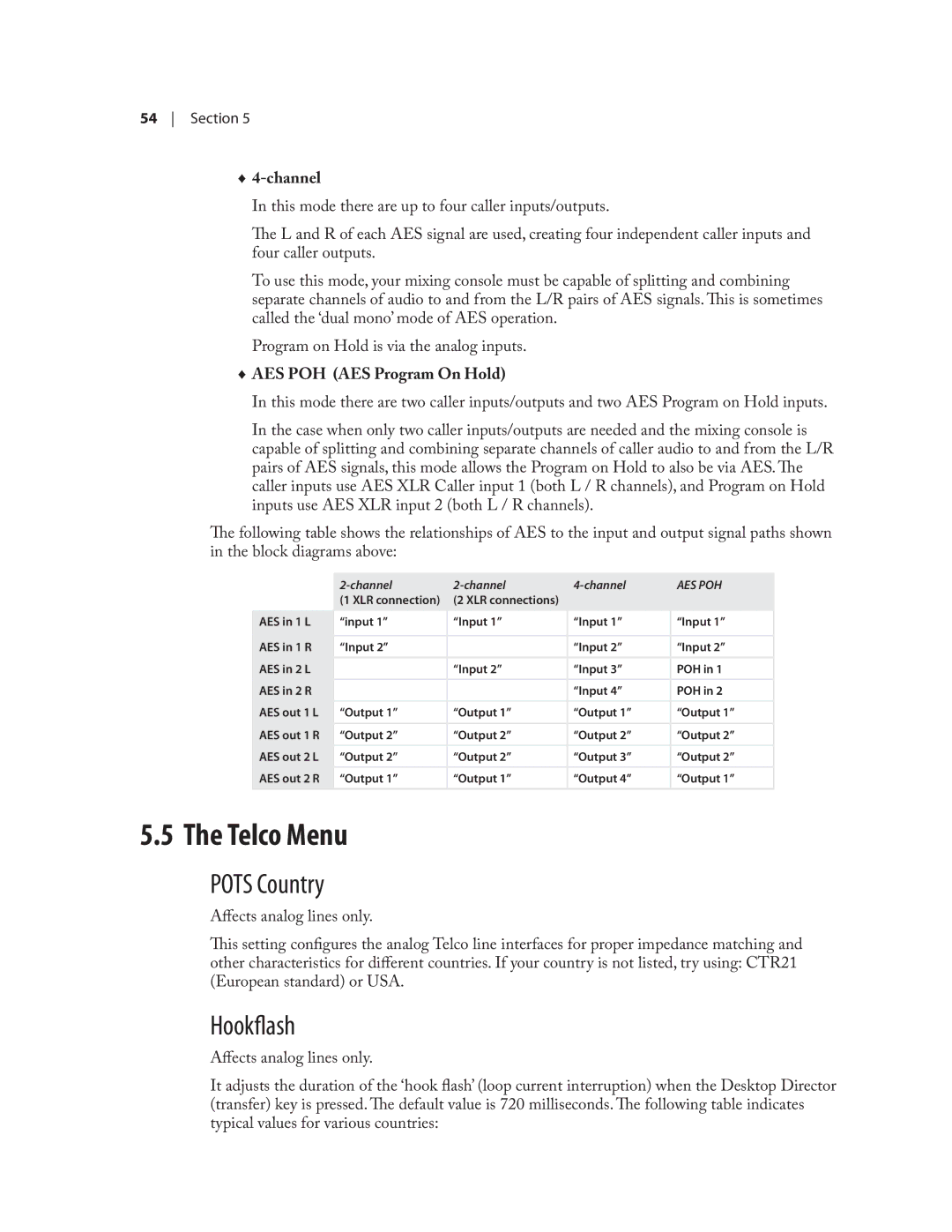 Telos NX12 user manual Telco Menu, Pots Country, Hookflash, Channel, AES POH AES Program On Hold 