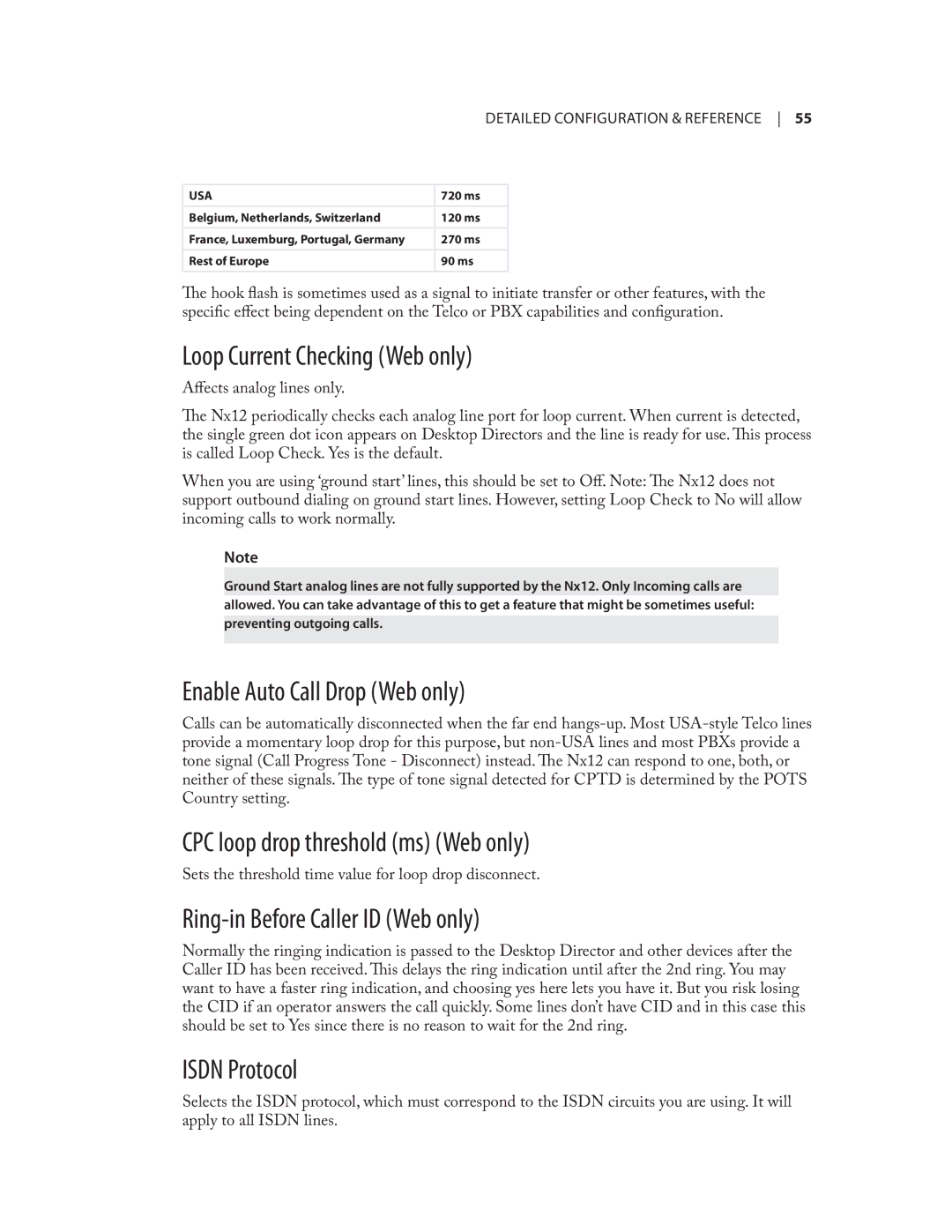 Telos NX12 user manual Loop Current Checking Web only, Enable Auto Call Drop Web only, CPC loop drop threshold ms Web only 