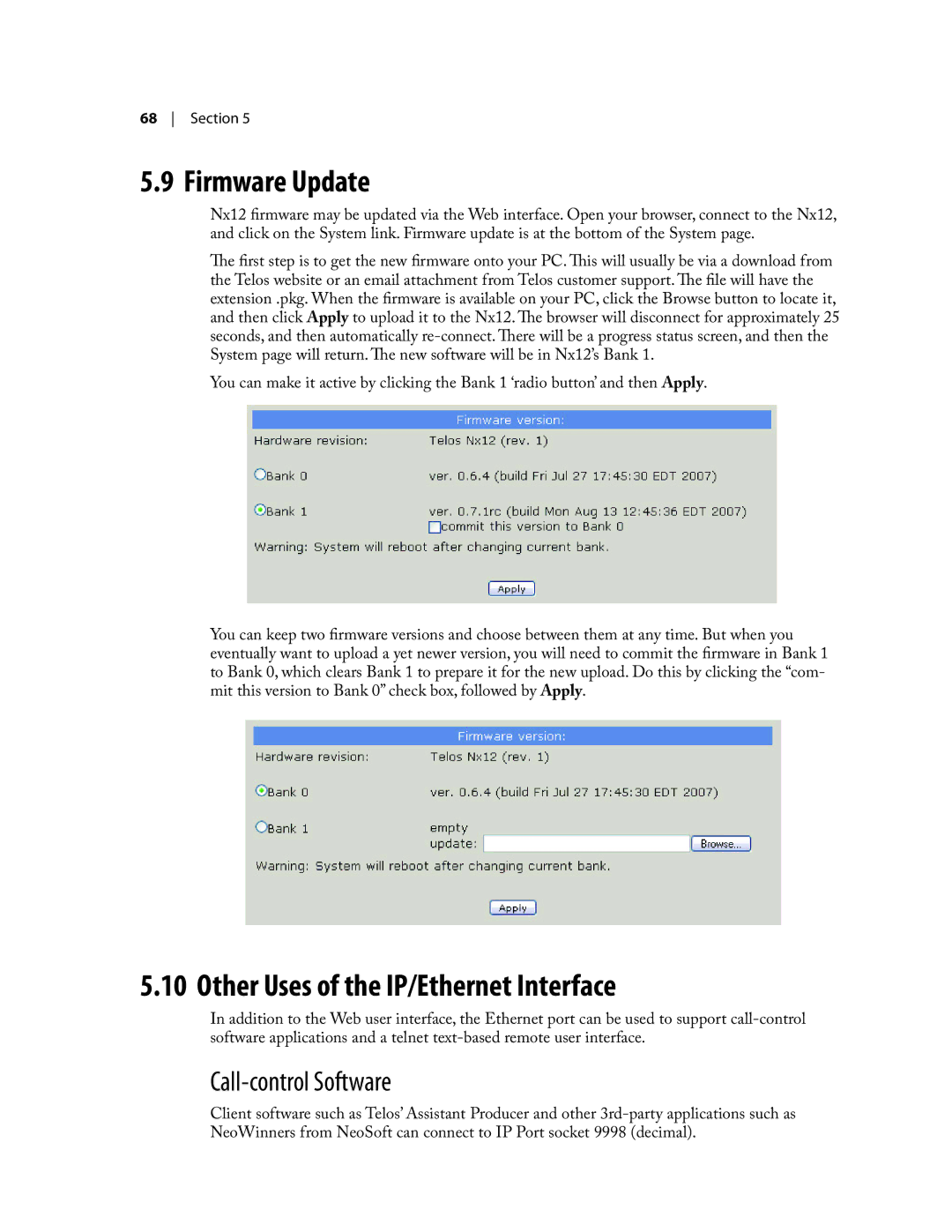 Telos NX12 user manual Firmware Update, Other Uses of the IP/Ethernet Interface, Call-control Software 