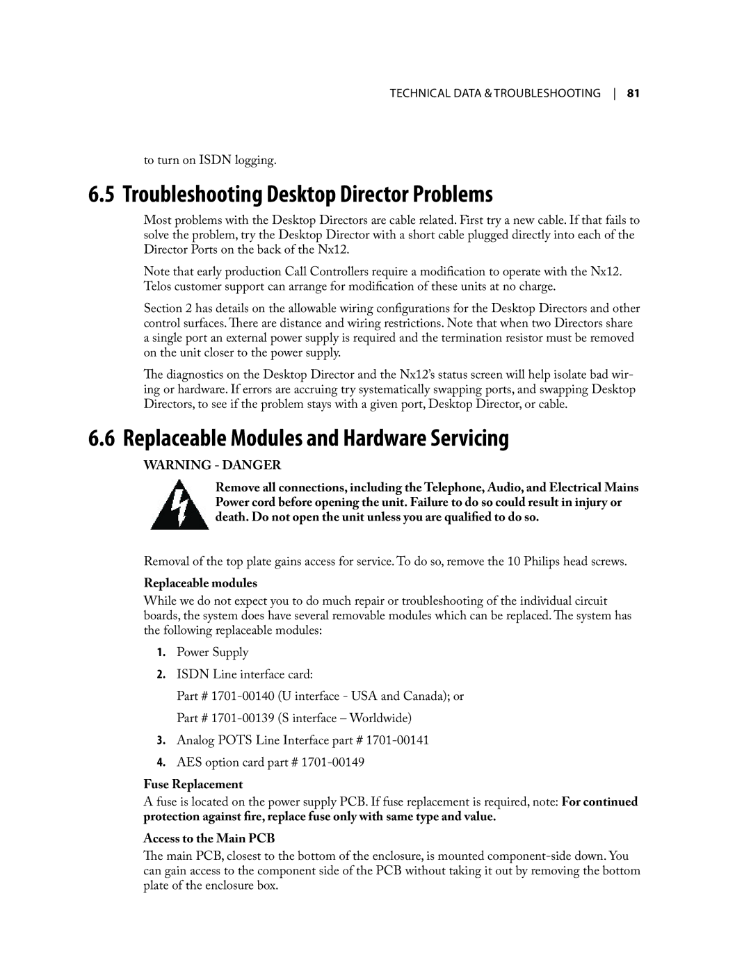 Telos NX12 Troubleshooting Desktop Director Problems, Replaceable Modules and Hardware Servicing, Replaceable modules 