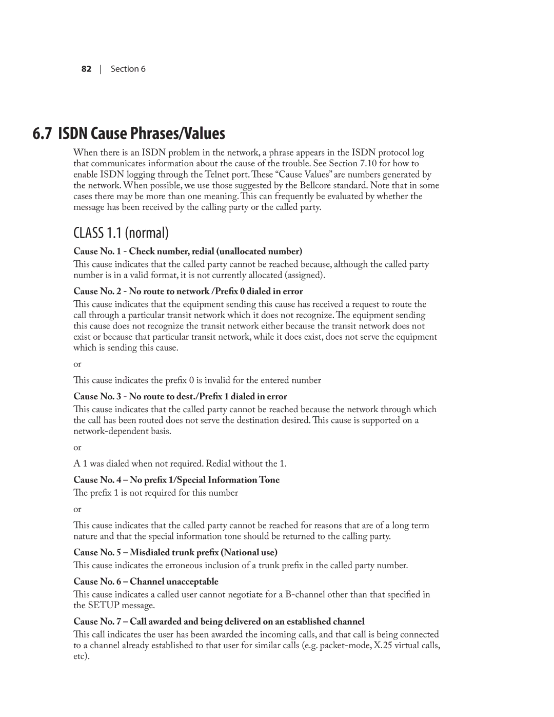 Telos NX12 user manual Isdn Cause Phrases/Values, Class 1.1 normal 