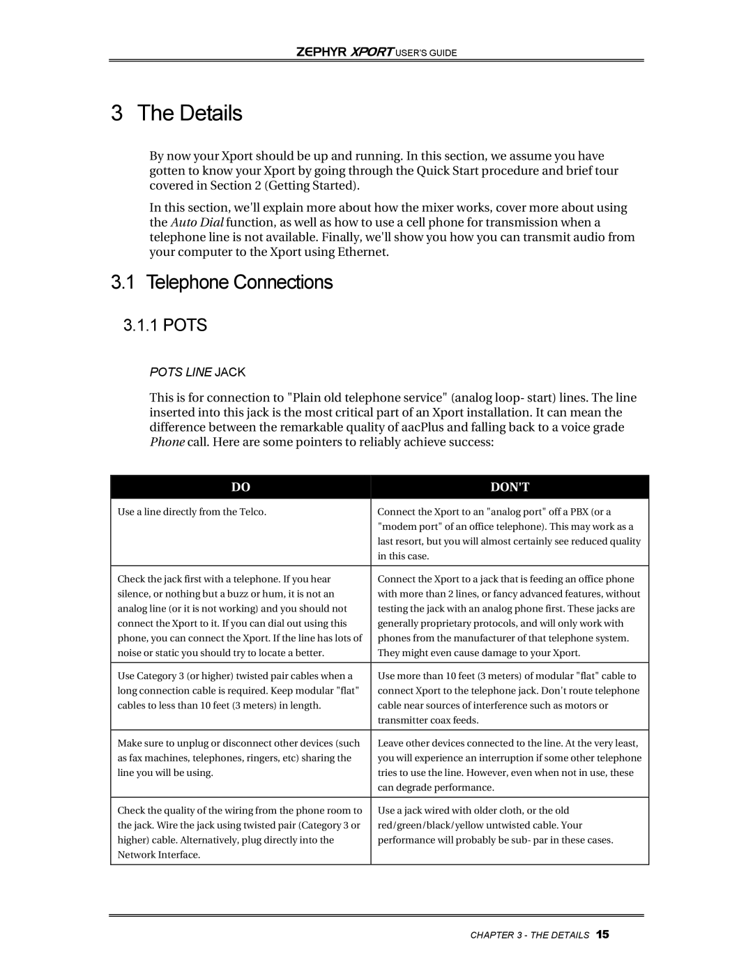 Telos Zephyr Xport manual Details, Telephone Connections, Pots 