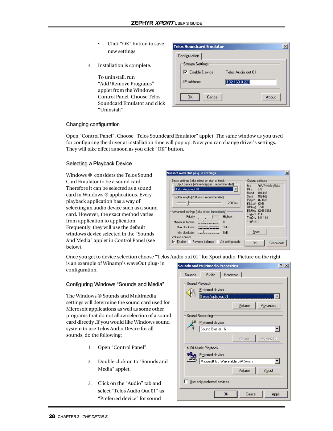 Telos Zephyr Xport manual Changing configuration, Selecting a Playback Device, Configuring Windows Sounds and Media 