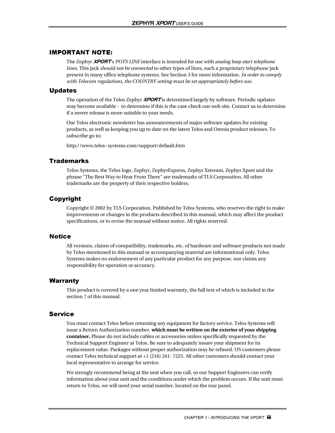 Telos Zephyr Xport manual Important Note 