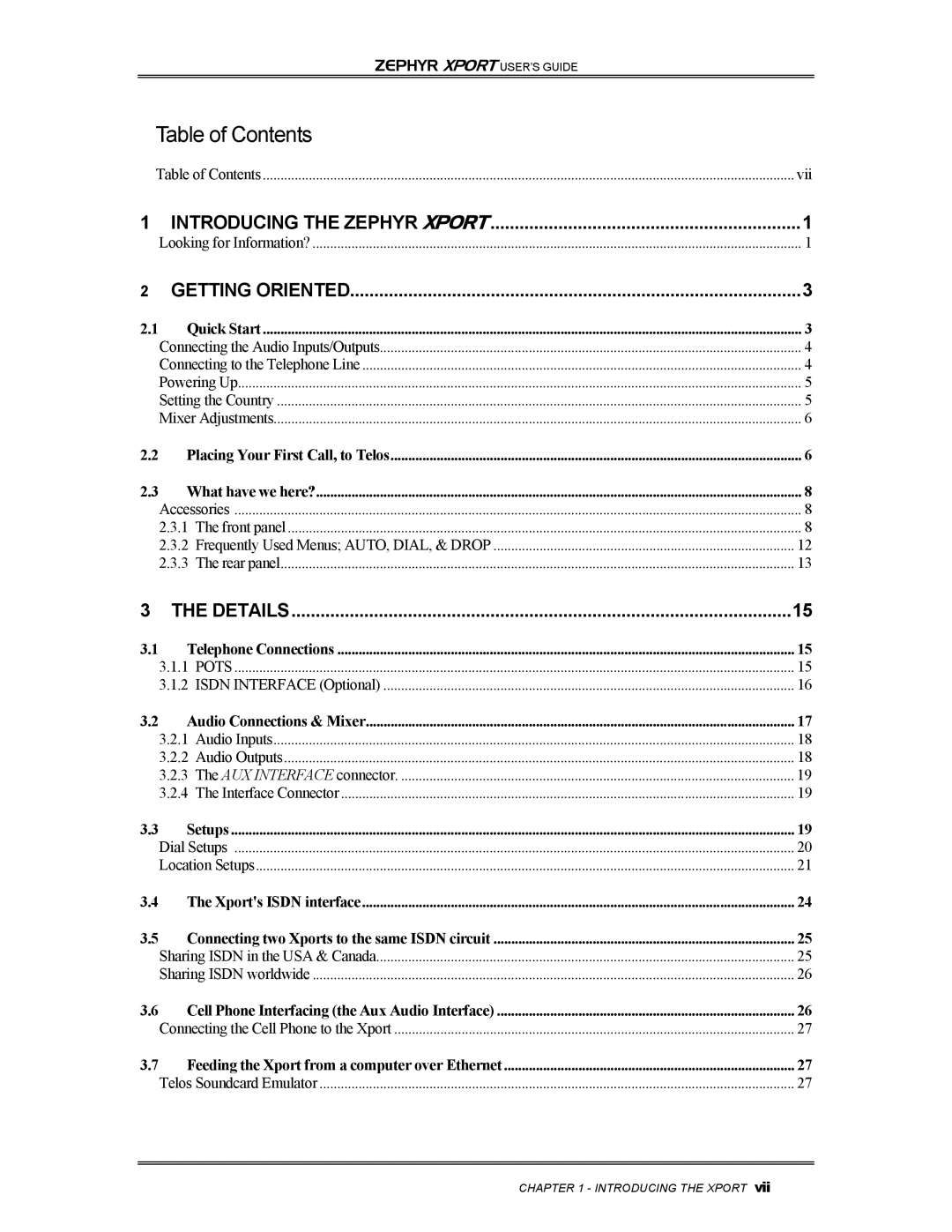 Telos Zephyr Xport manual Table of Contents 