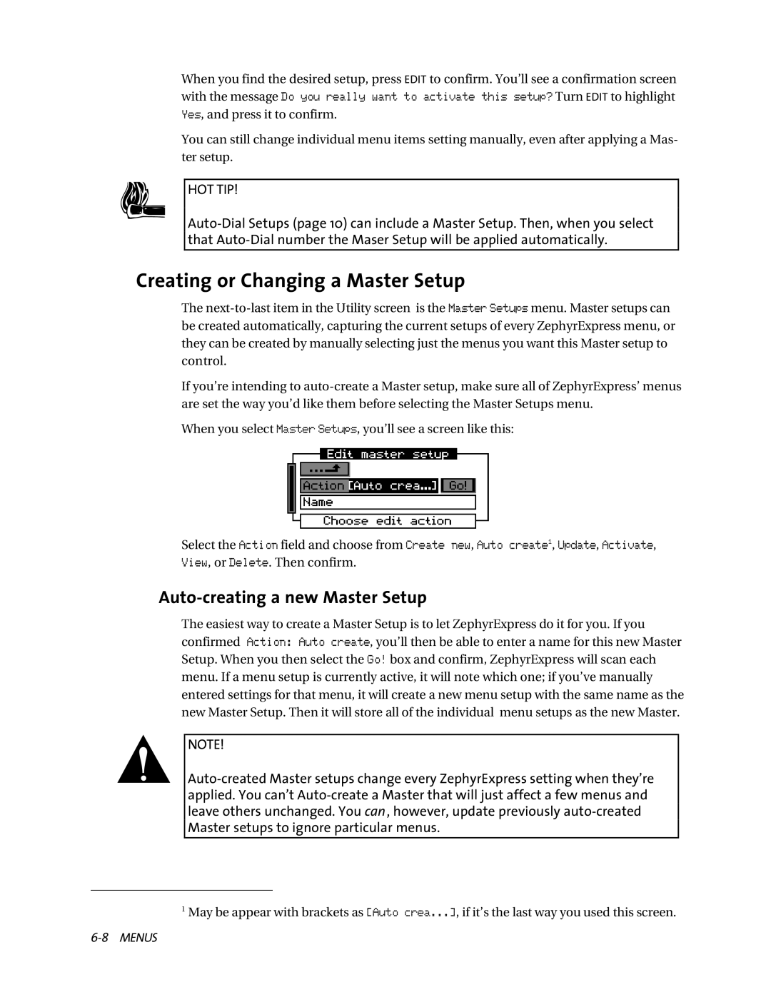 Telos ZephyrExpress user manual Creating or Changing a Master Setup, Auto-creating a new Master Setup 