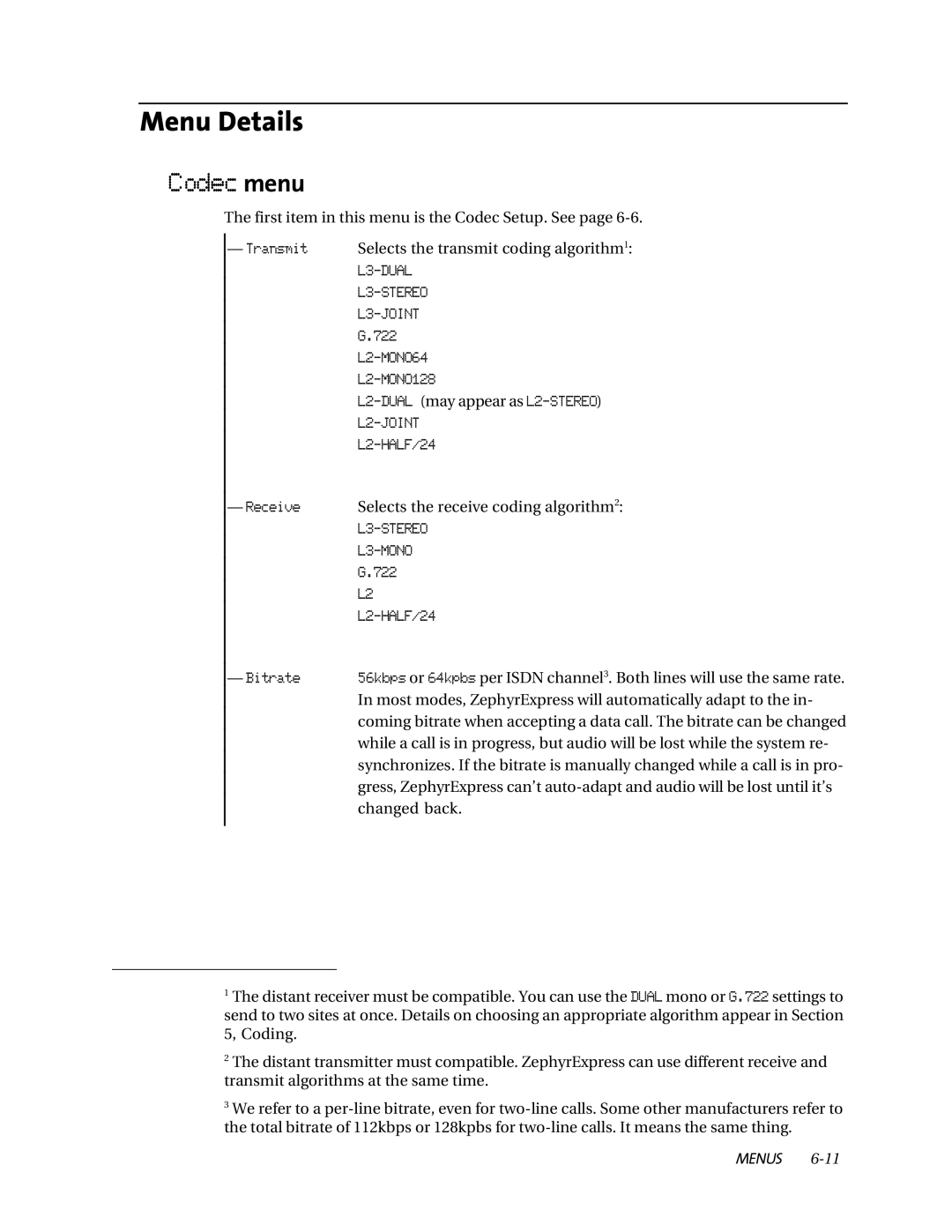 Telos ZephyrExpress user manual Menu Details, Codec menu 