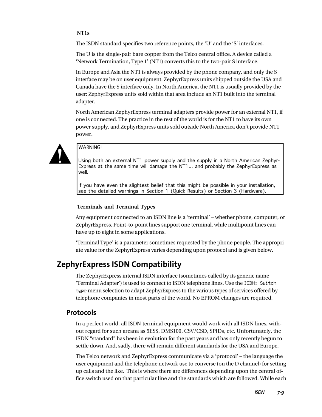 Telos user manual ZephyrExpress Isdn Compatibility, Protocols, NT1s, Terminals and Terminal Types 