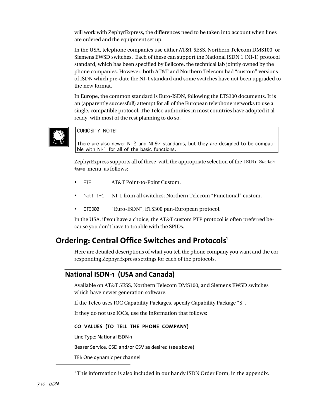 Telos ZephyrExpress user manual Ordering Central Office Switches and Protocols1, National ISDN-1 USA and Canada 