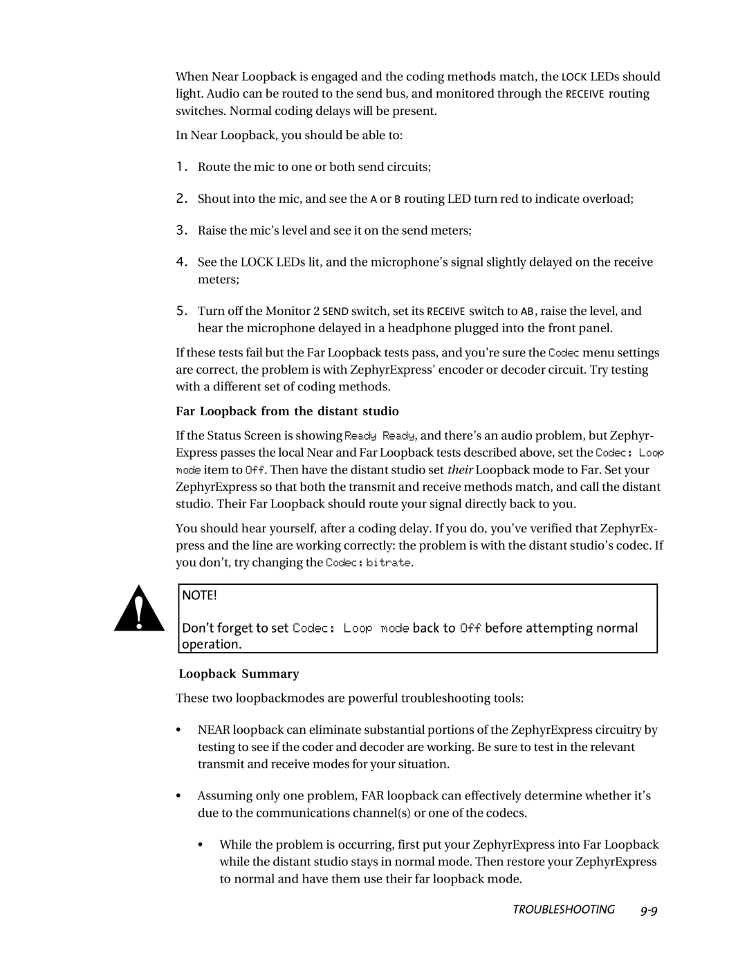 Telos ZephyrExpress user manual Operation, Far Loopback from the distant studio, Loopback Summary 