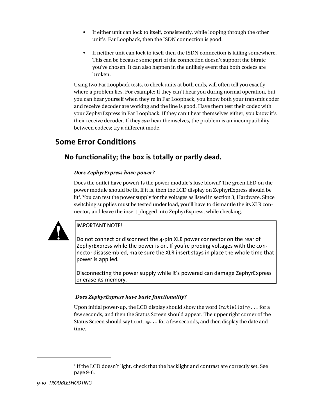 Telos ZephyrExpress user manual Some Error Conditions, No functionality the box is totally or partly dead 