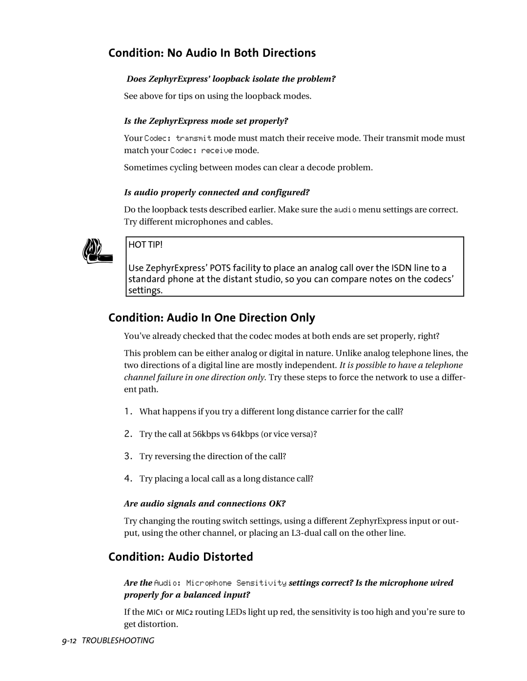 Telos ZephyrExpress user manual Condition No Audio In Both Directions, Condition Audio In One Direction Only 