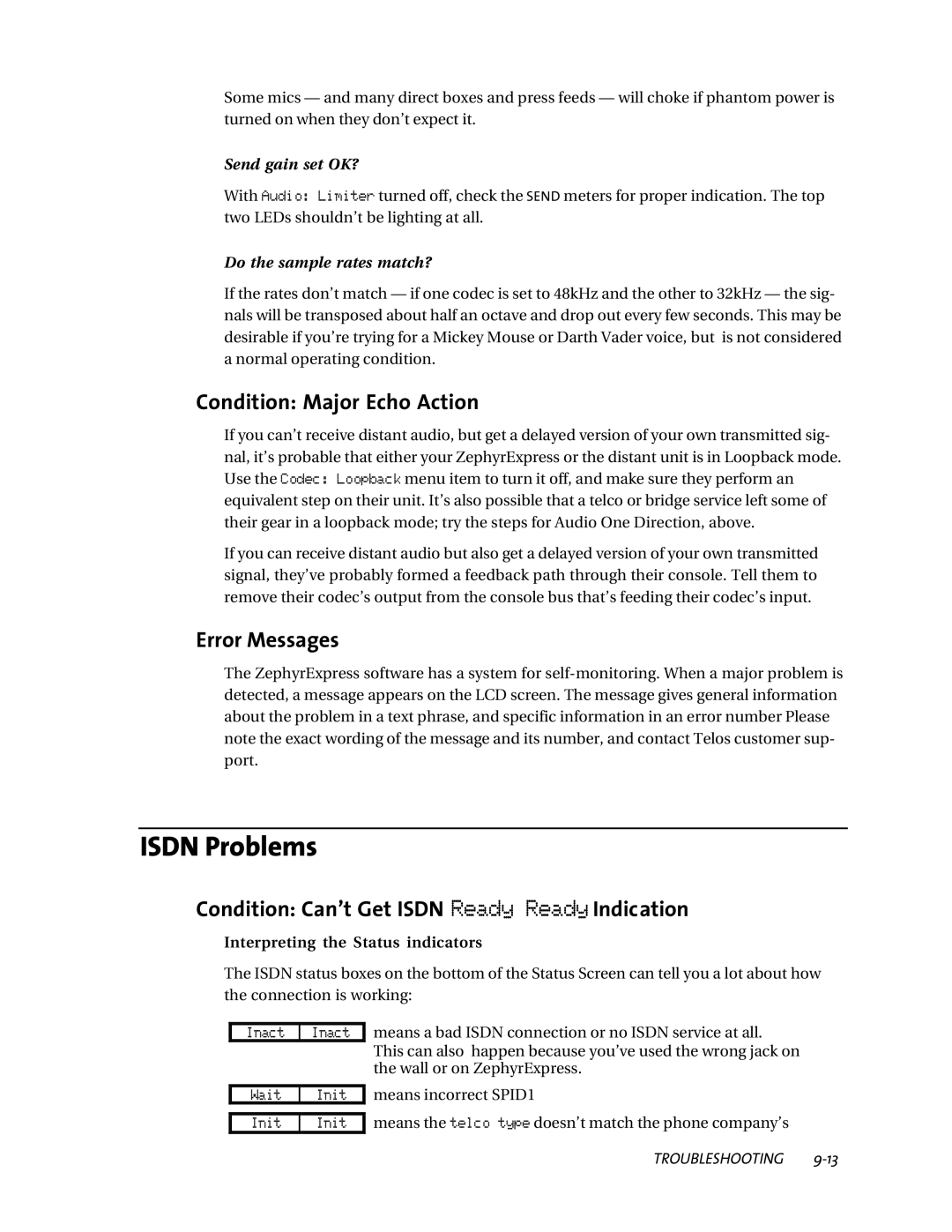 Telos ZephyrExpress user manual Isdn Problems, Condition Major Echo Action, Error Messages 