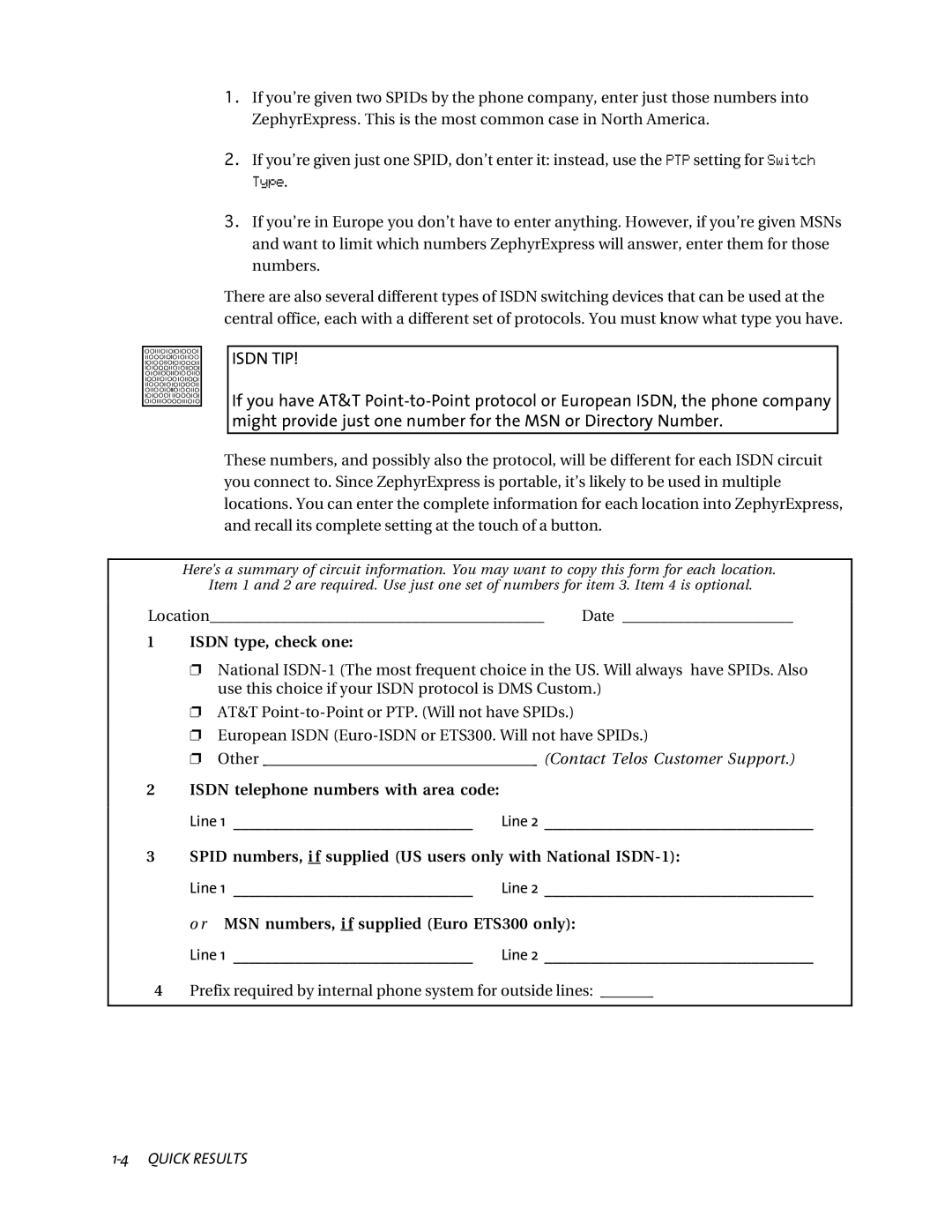 Telos ZephyrExpress user manual Isdn type, check one, Isdn telephone numbers with area code 