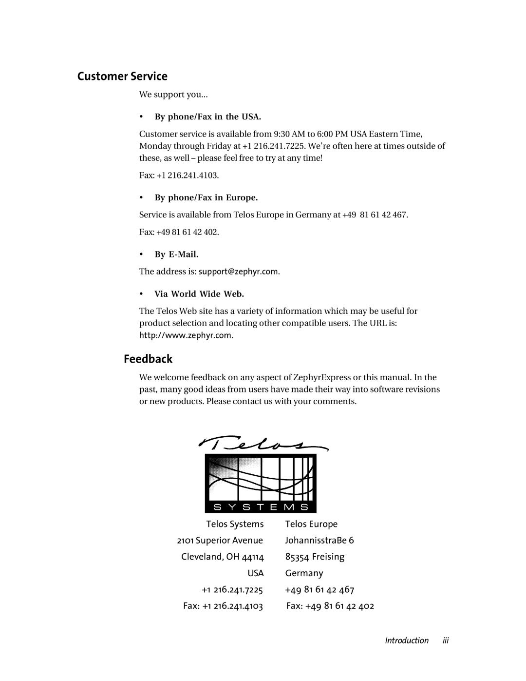 Telos ZephyrExpress user manual Customer Service, Feedback 