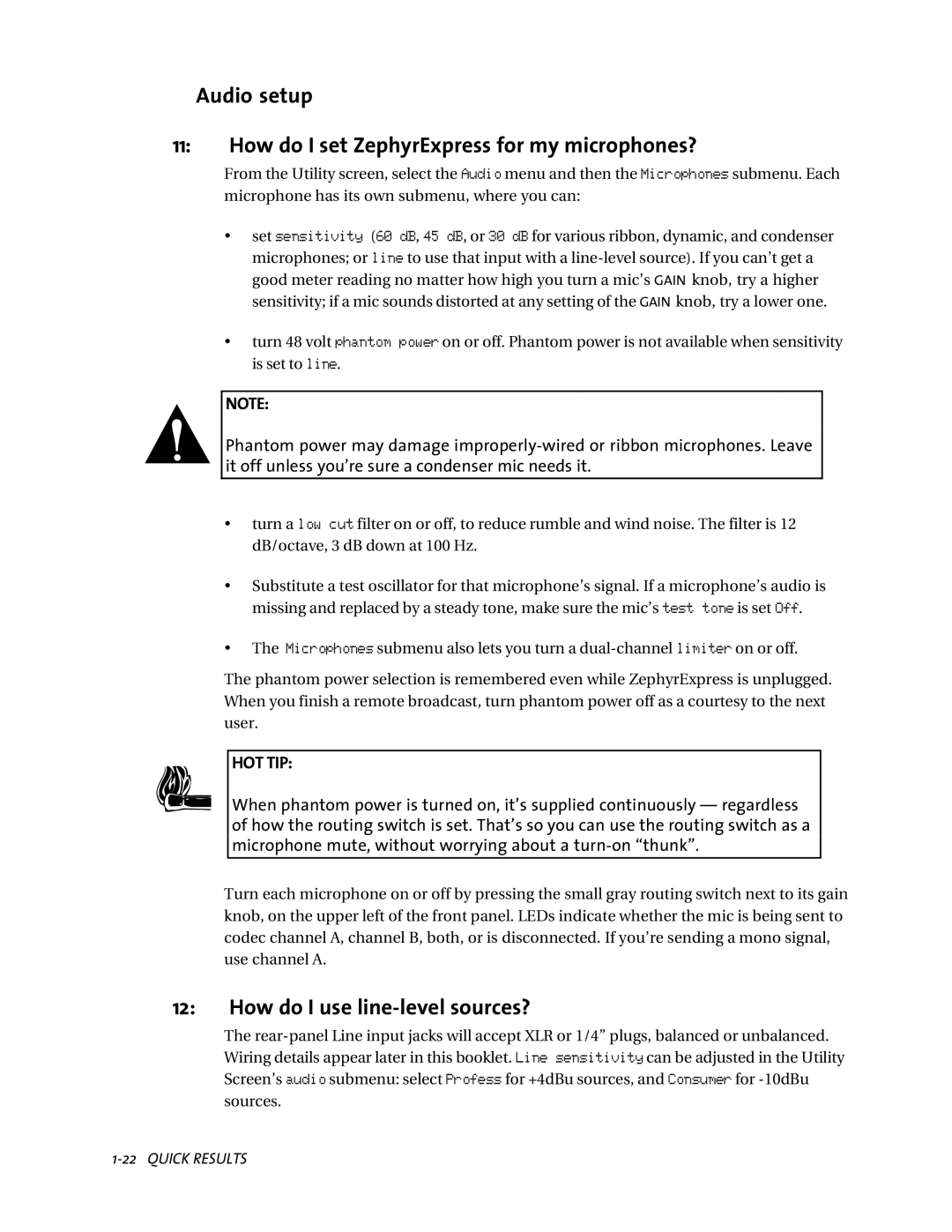 Telos user manual Audio setup How do I set ZephyrExpress for my microphones?, How do I use line-level sources? 