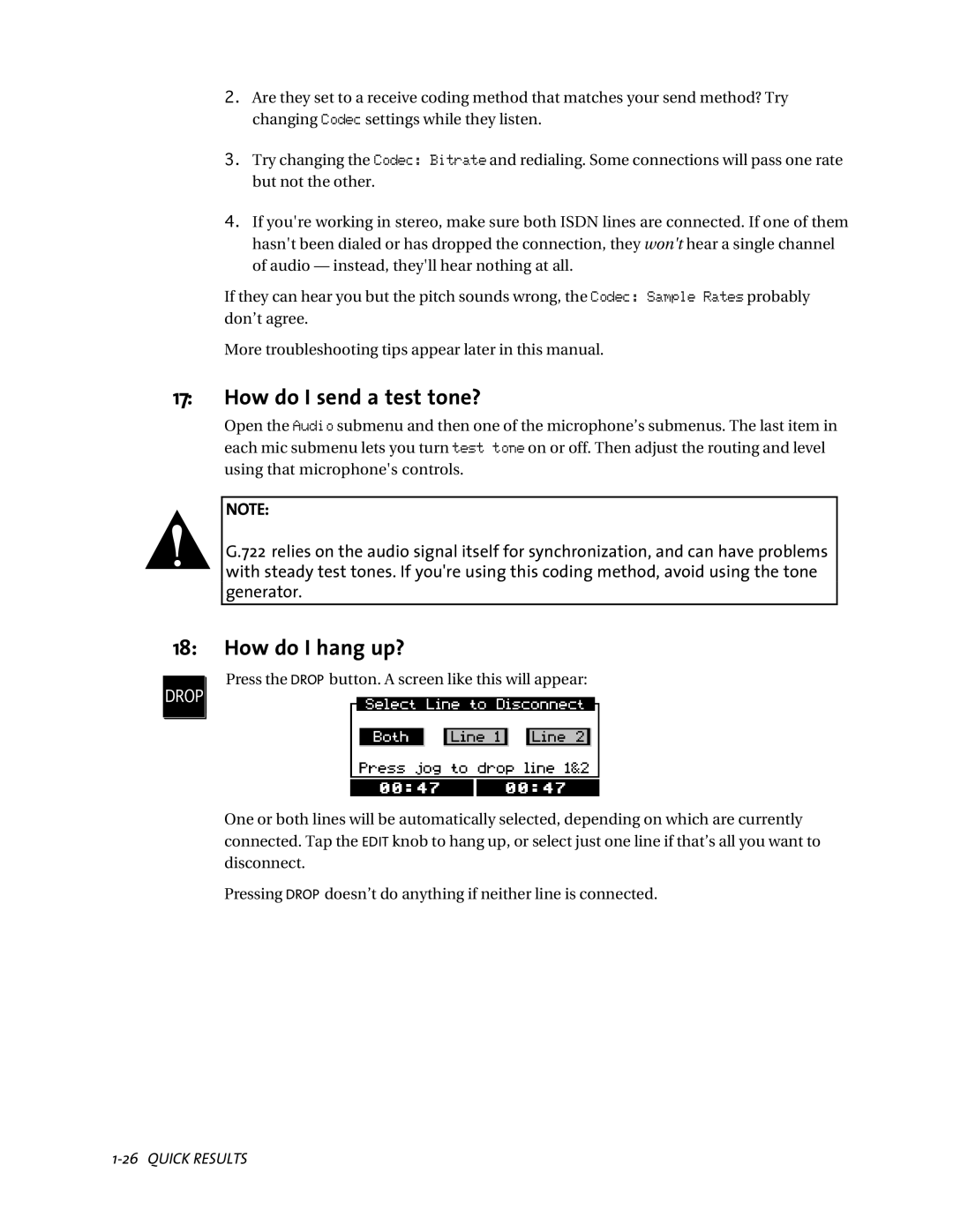 Telos ZephyrExpress user manual How do I send a test tone?, How do I hang up? 