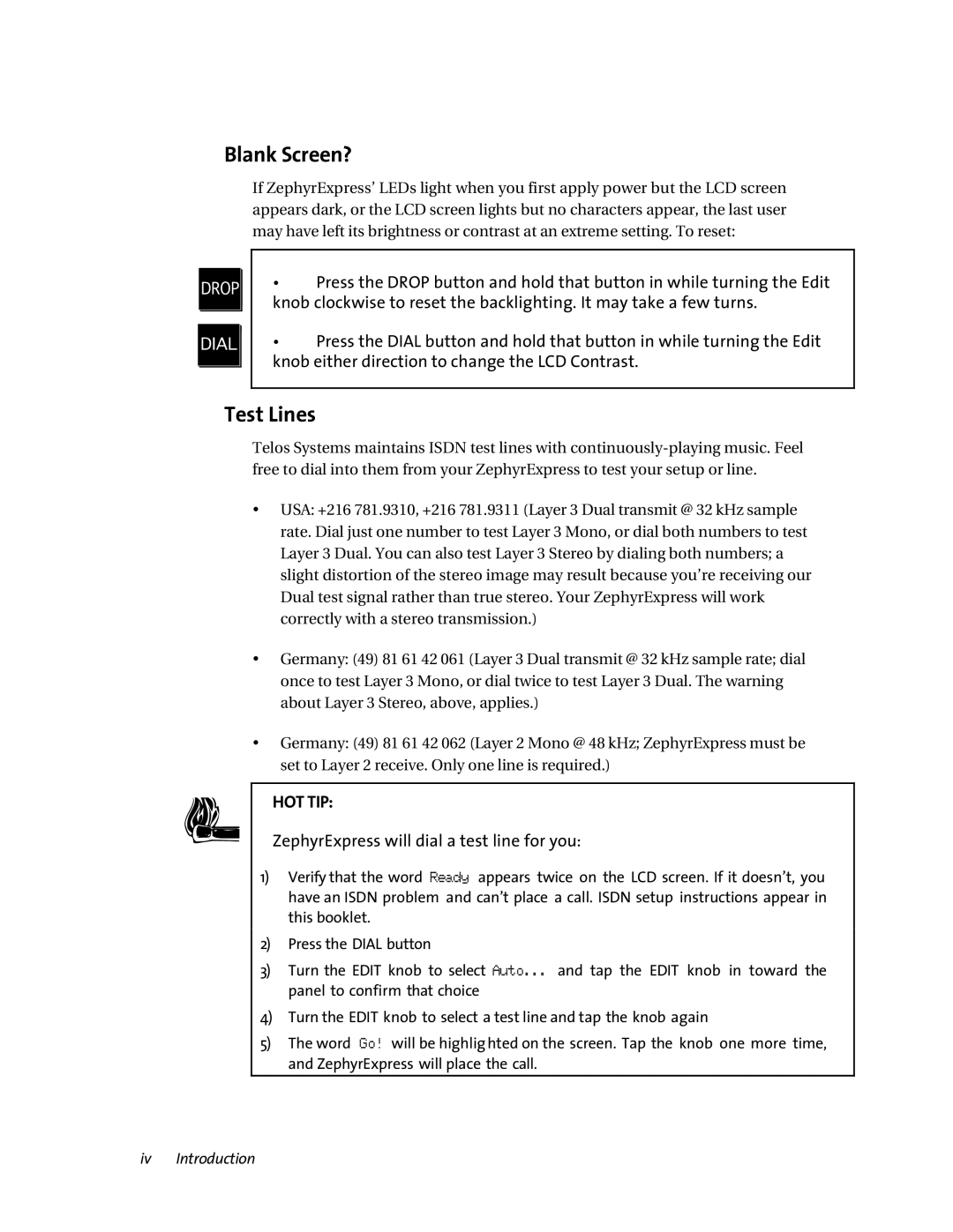 Telos user manual Blank Screen?, Test Lines, ZephyrExpress will dial a test line for you 