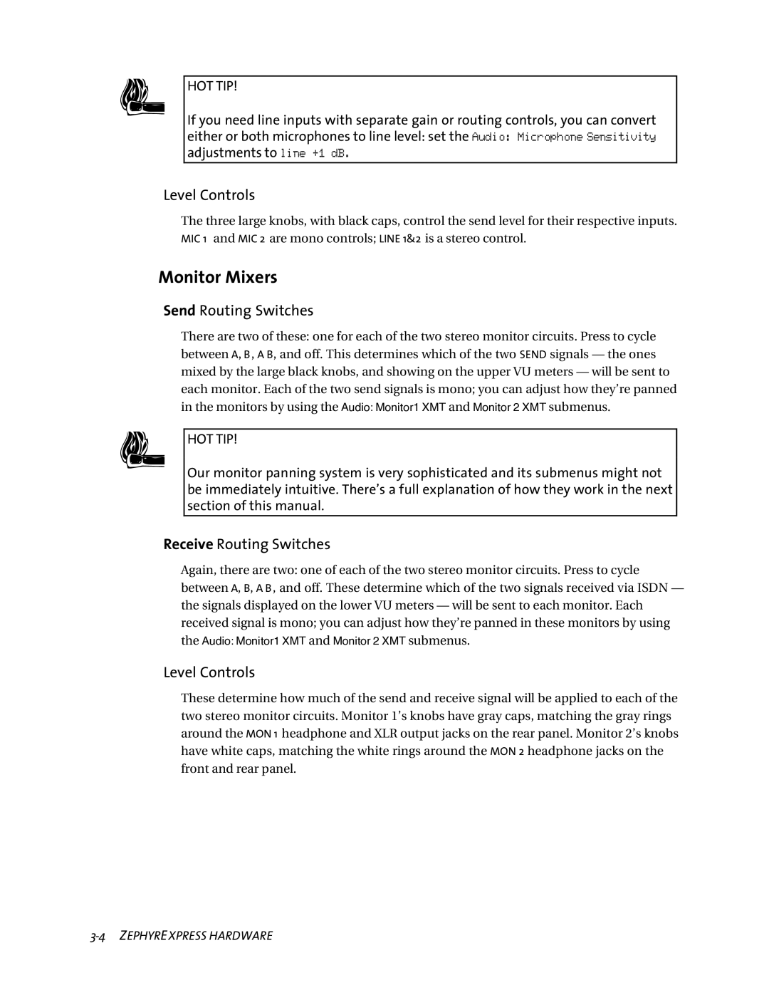 Telos ZephyrExpress user manual Monitor Mixers, Level Controls 