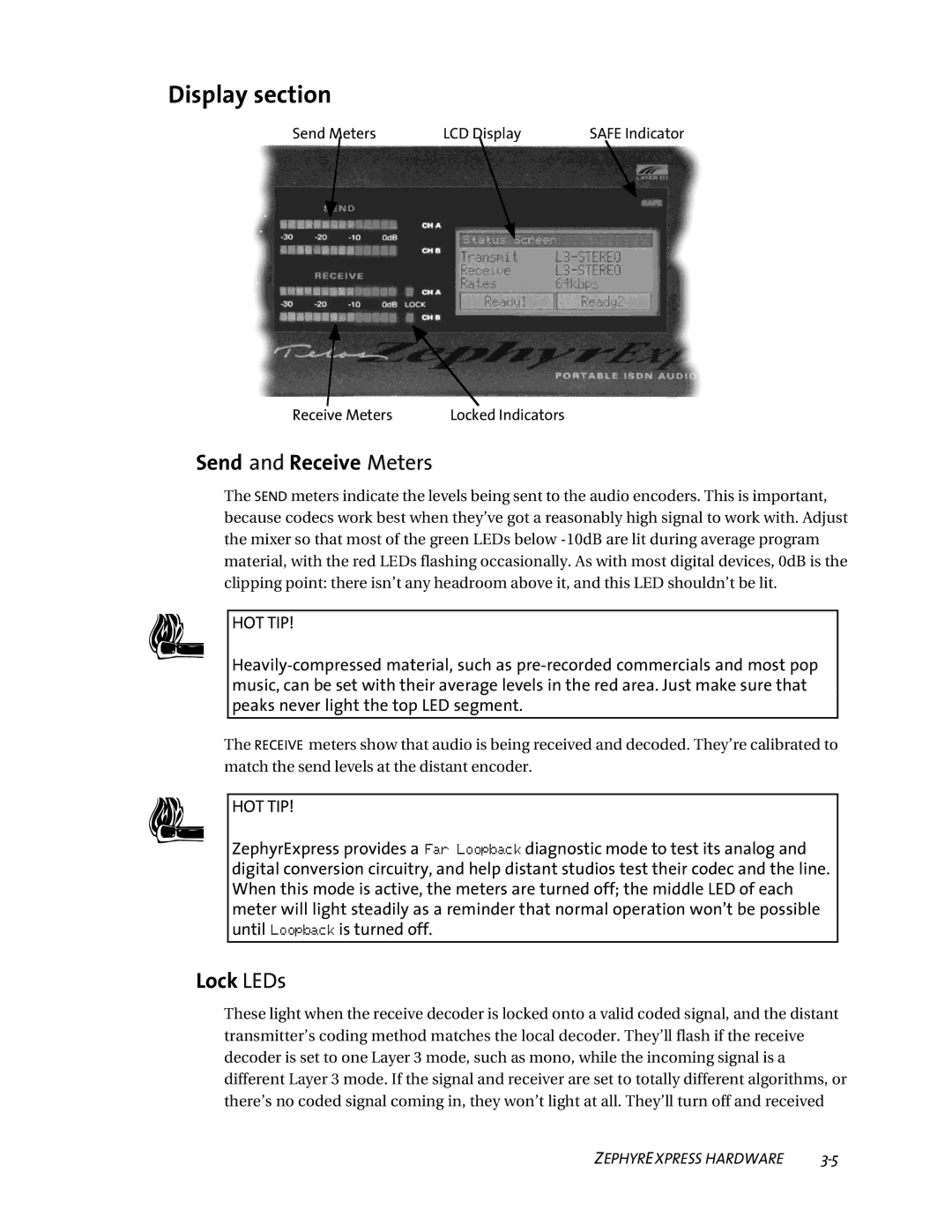 Telos ZephyrExpress user manual Display section, Send and Receive Meters, Lock LEDs 