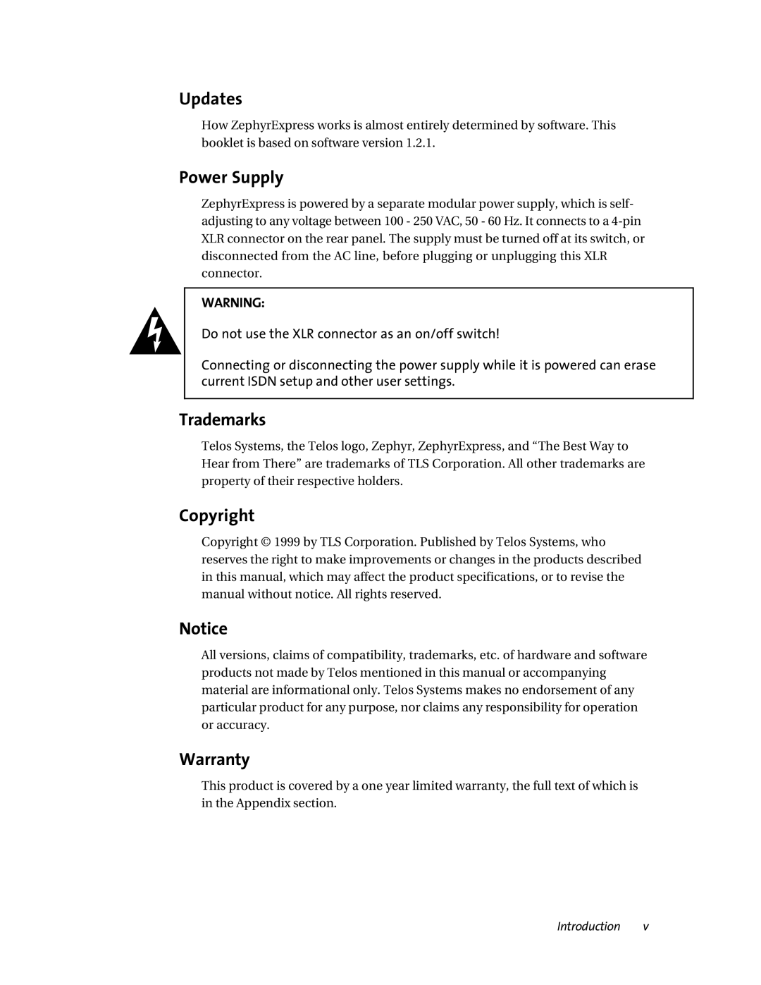 Telos ZephyrExpress user manual Updates, Power Supply, Trademarks, Copyright, Warranty 