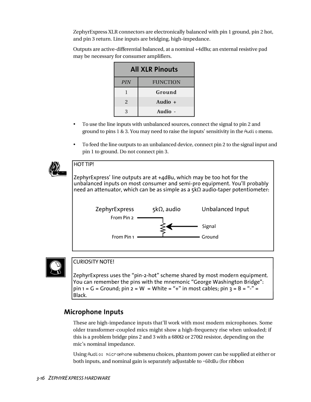 Telos ZephyrExpress user manual All XLR Pinouts, Microphone Inputs, Ground Audio + 