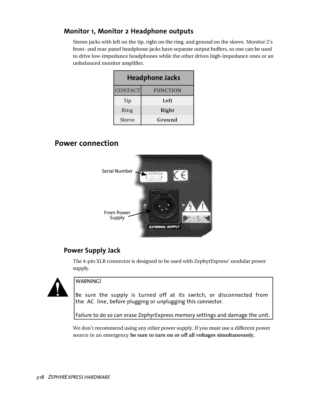 Telos ZephyrExpress Power connection, Monitor 1, Monitor 2 Headphone outputs, Headphone Jacks, Power Supply Jack 