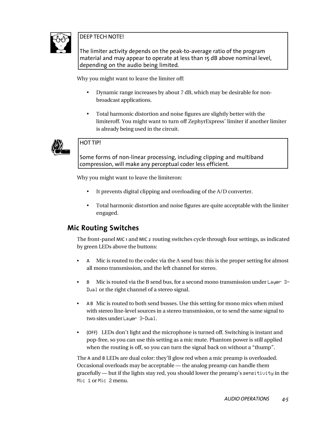 Telos ZephyrExpress user manual Mic Routing Switches, Compression, will make any perceptual coder less efficient 