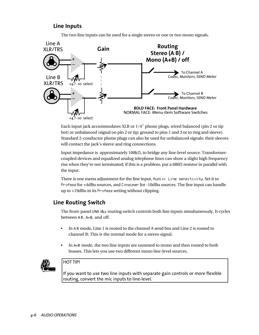 Telos ZephyrExpress user manual Gain, Line Routing Switch, Routing, convert the mic inputs to line-level 