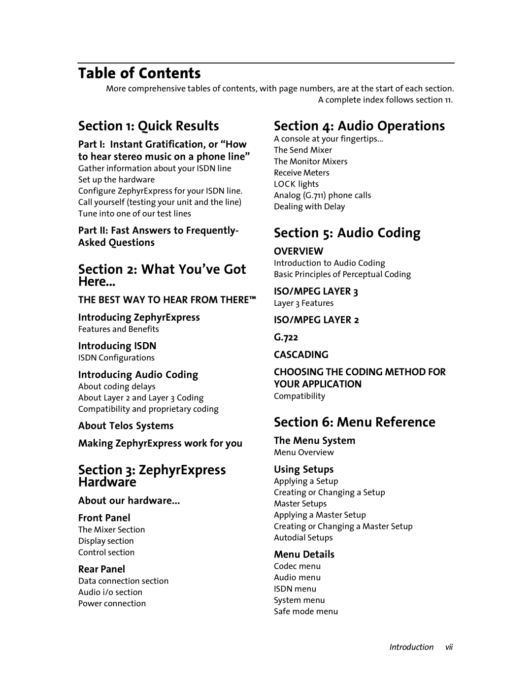 Telos ZephyrExpress user manual Table of Contents 