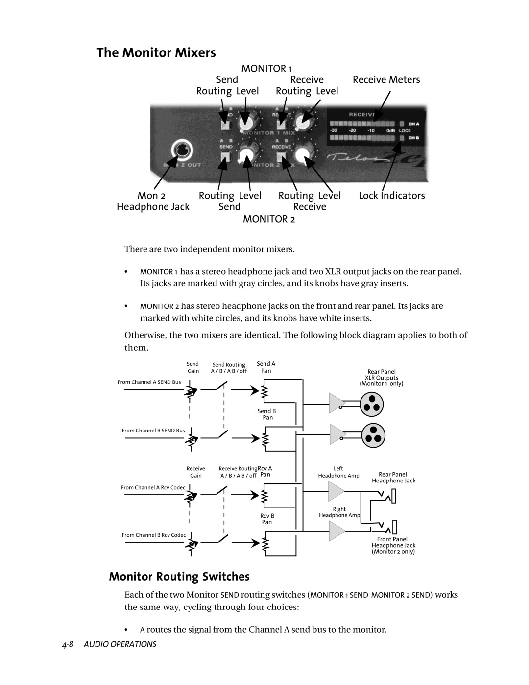 Telos ZephyrExpress user manual Monitor Mixers, Monitor Routing Switches, Receive Meters, Send 