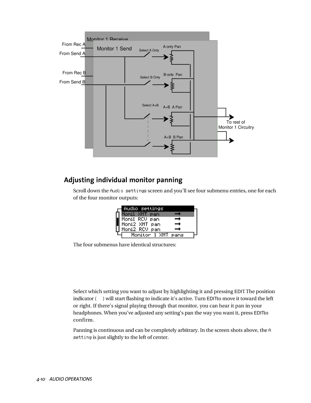 Telos ZephyrExpress user manual Adjusting individual monitor panning, Monitor 1 Send 