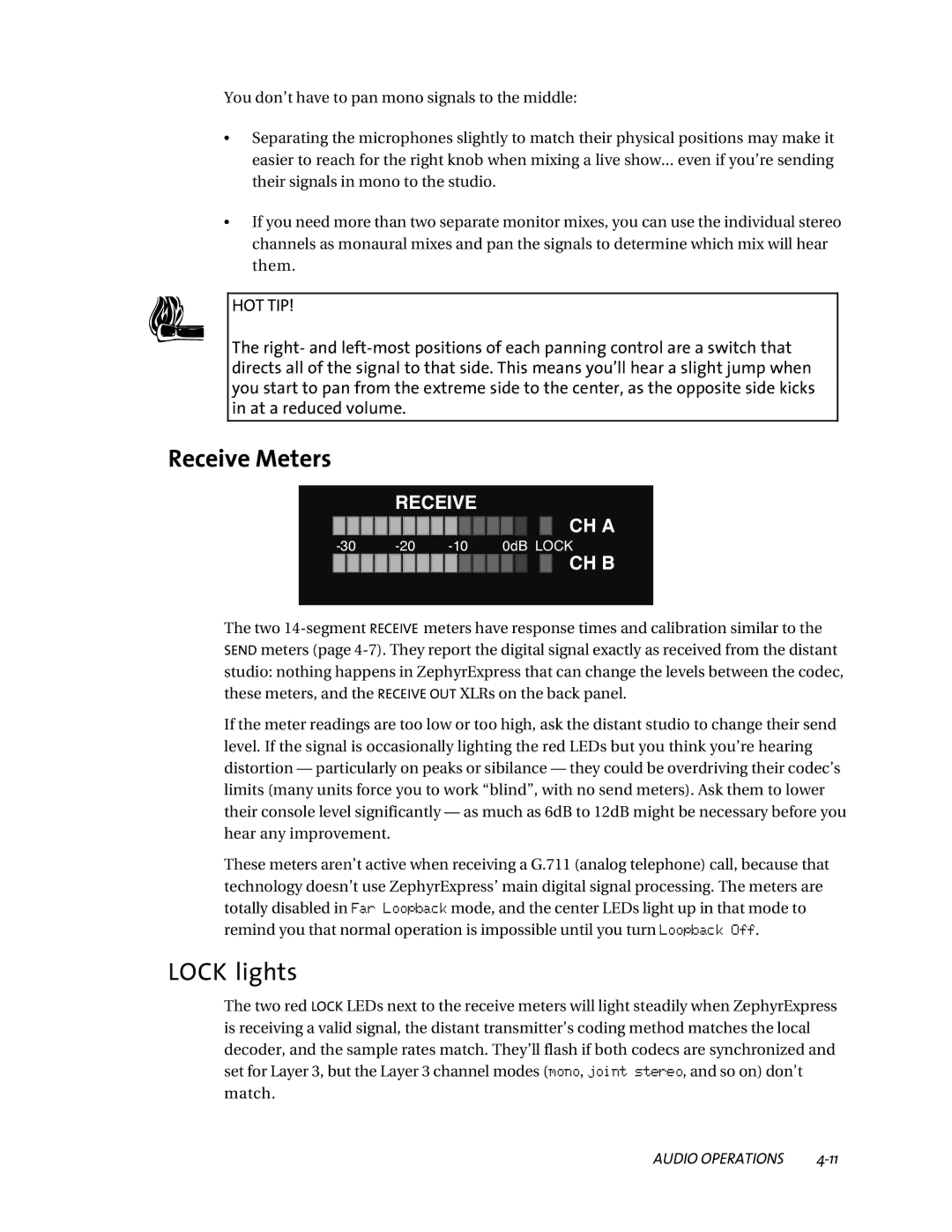 Telos ZephyrExpress user manual Receive Meters, Lock lights 