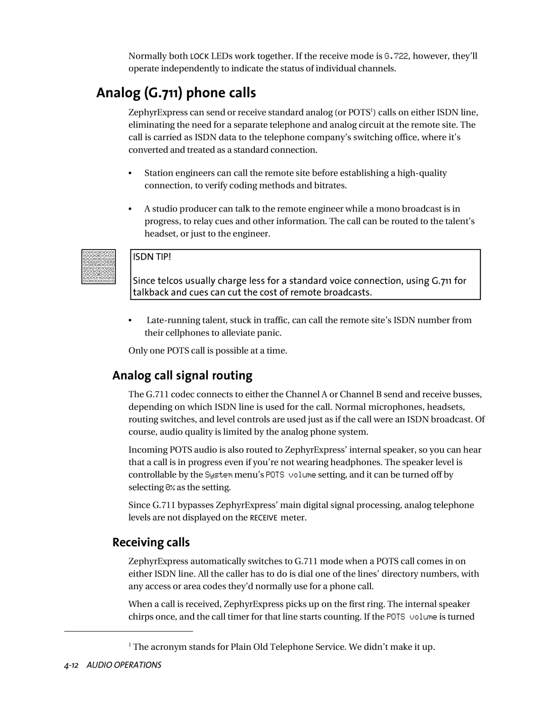 Telos ZephyrExpress user manual Analog G.711 phone calls, Analog call signal routing, Receiving calls 