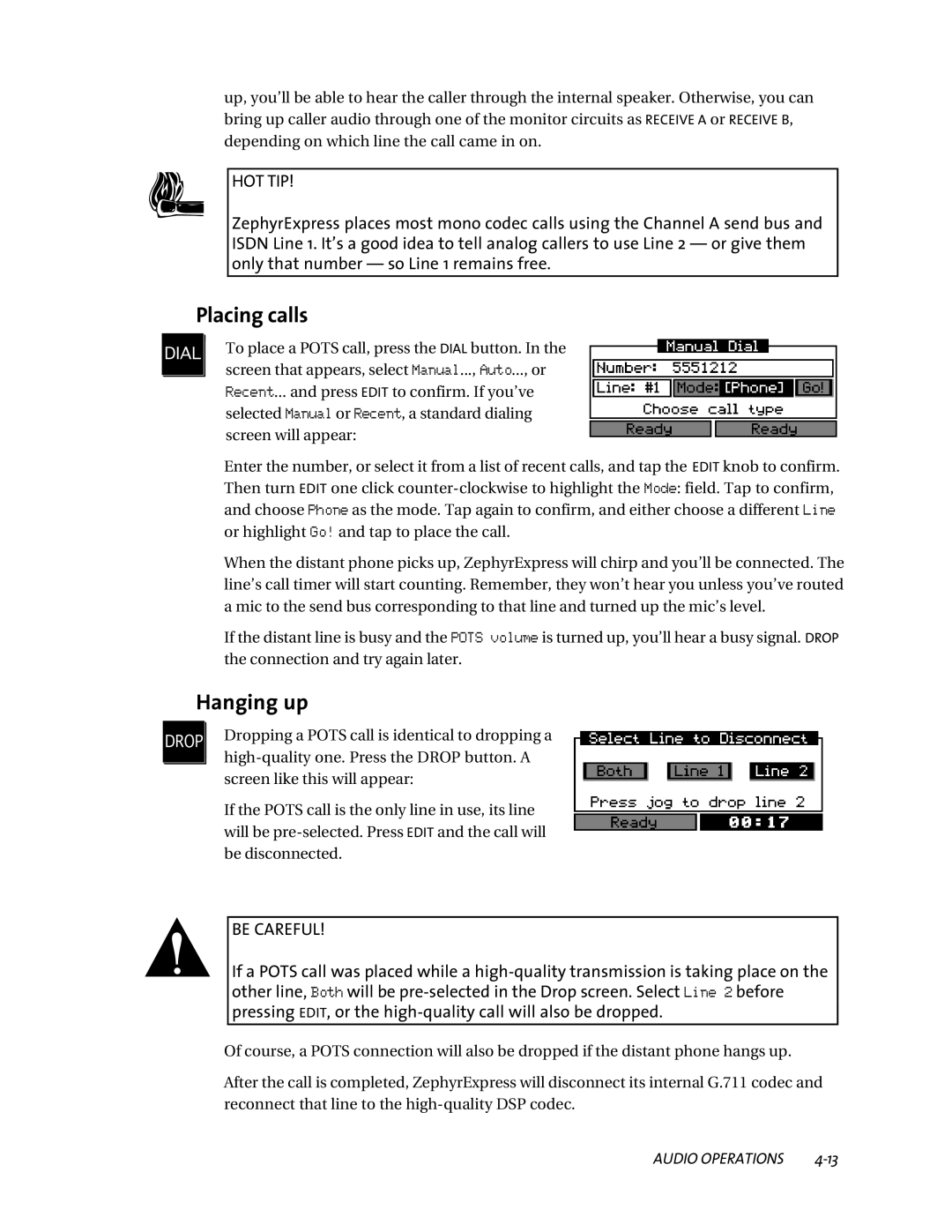 Telos ZephyrExpress user manual Placing calls, Hanging up 