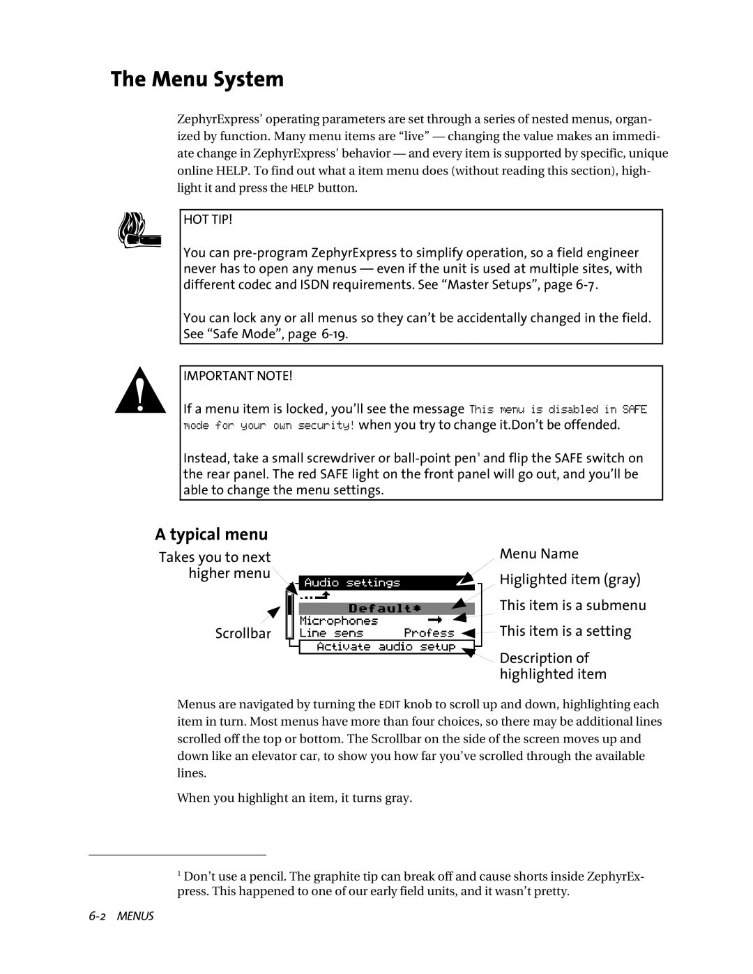 Telos ZephyrExpress user manual Menu System, Typical menu 